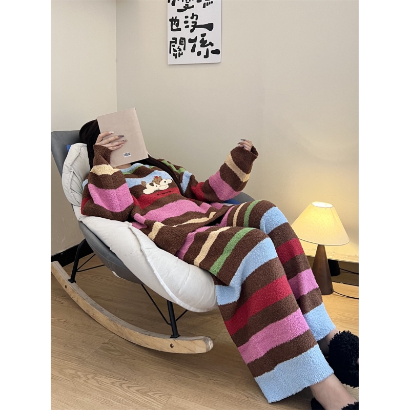 彩虹条纹小狗半边绒睡衣女家居服