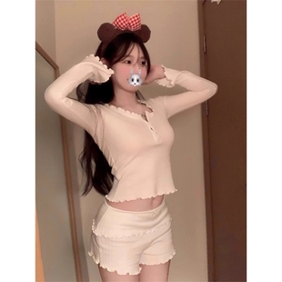 长袖 简约大码 少女甜美花边纯欲修身 睡衣女春夏款 夏 短裤 家居服套装