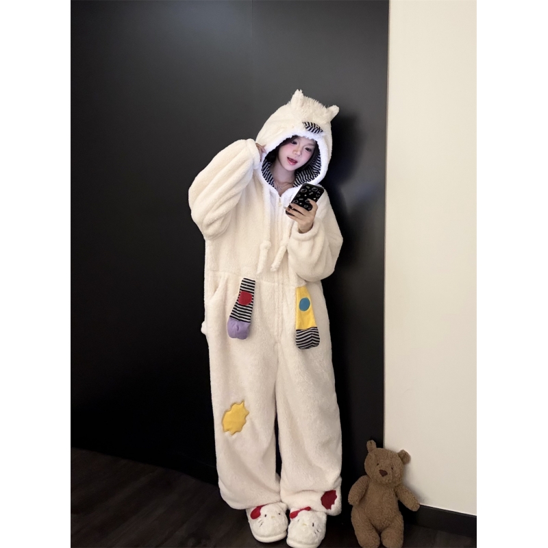 少女卡通连帽一体式珊瑚绒睡衣女