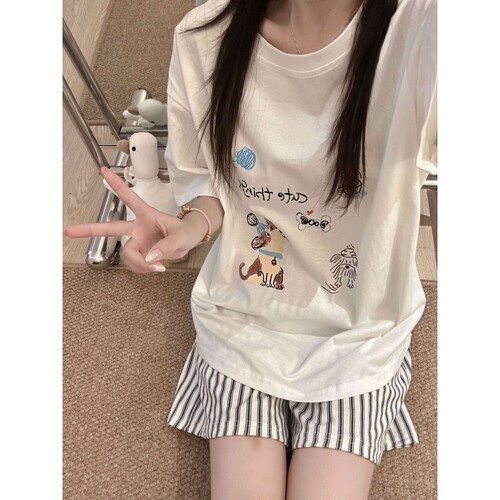 甜美少女小狗印花短袖短裤睡衣女