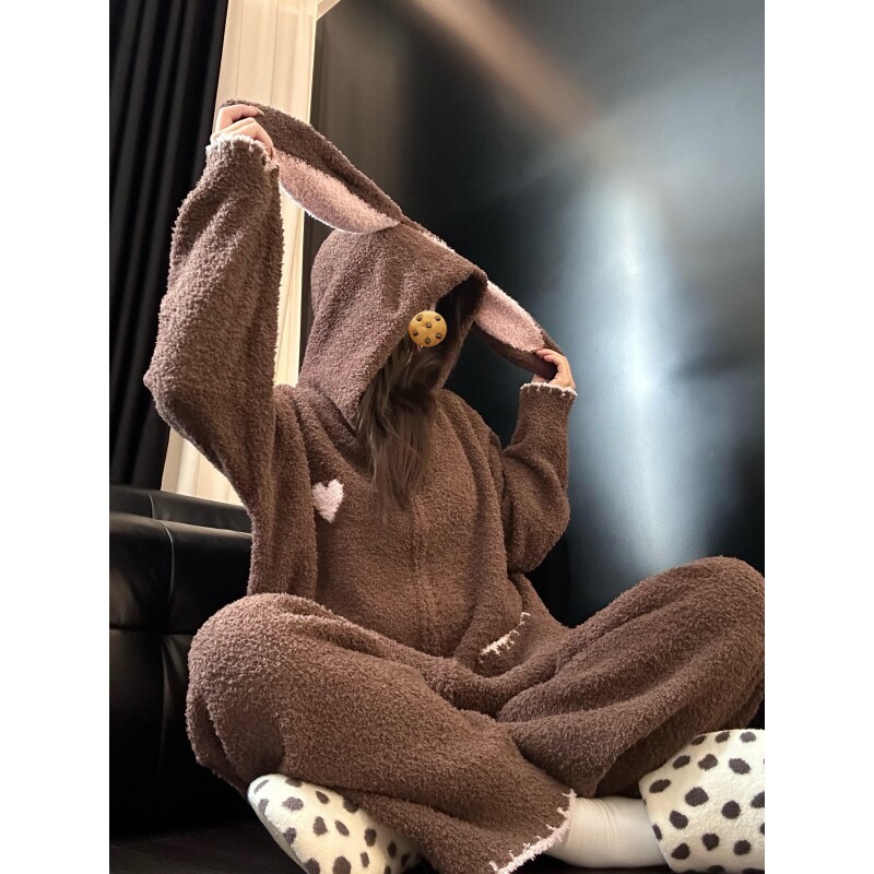 软糯半边绒连帽小熊睡衣女秋冬新款加厚保暖长袖套装家居服可外穿