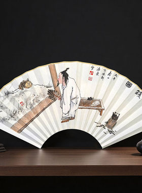 手绘扇面有钱图禅茶人物画95寸18