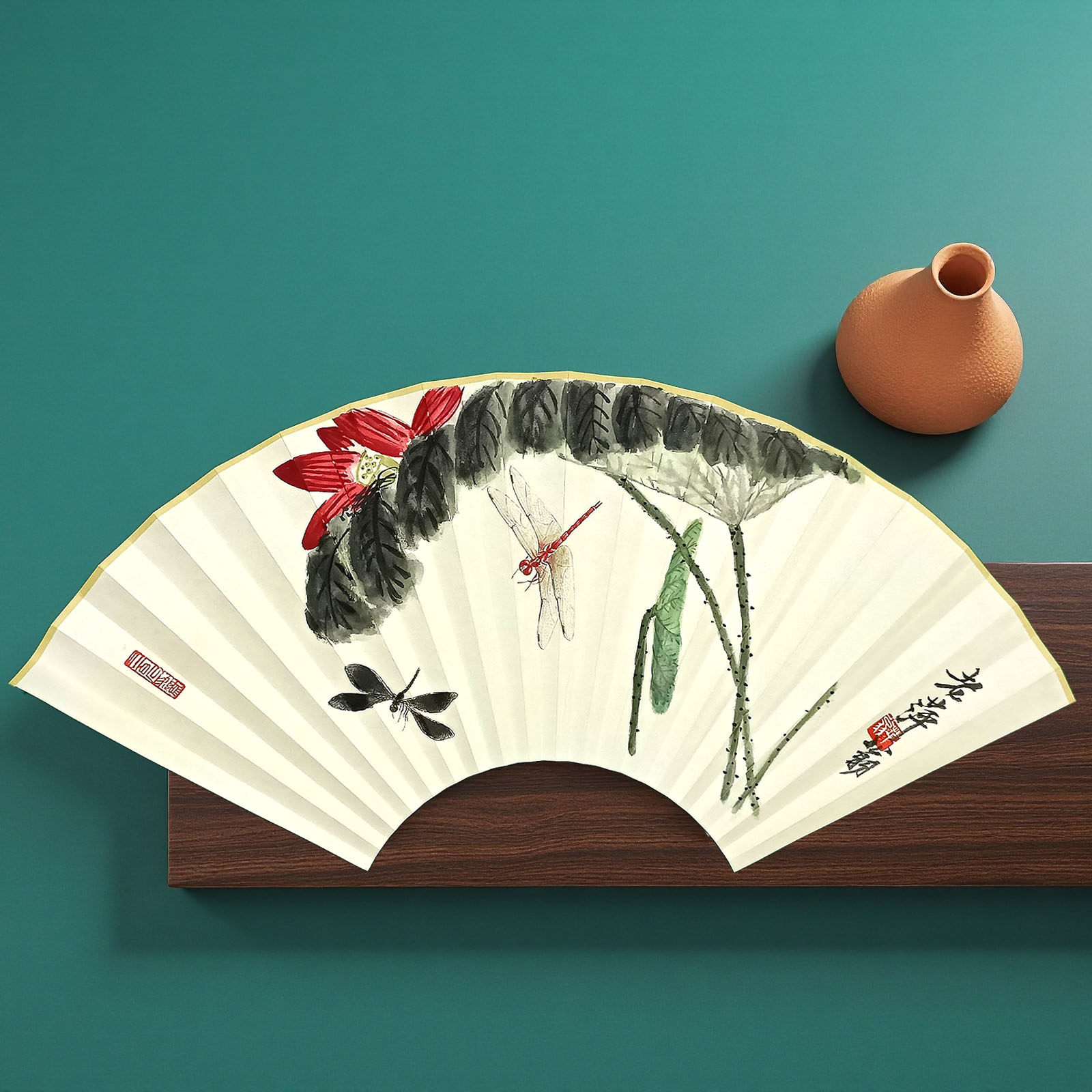 纯手绘扇面荷花蜻蜓 仿齐白石草虫扇子 蝈蝈居 95寸18方/16方折扇