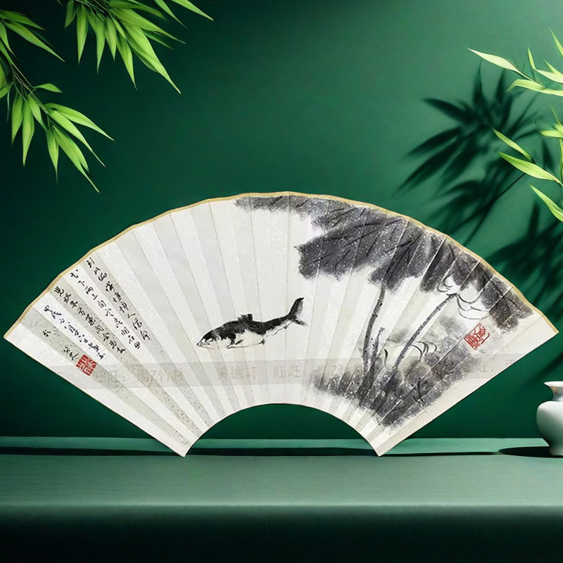 水墨画 荷花小鱼 手绘扇面 仿八大山人扇子 95寸16/18方折扇 多图
