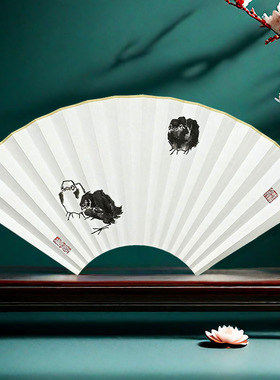 仿潘天寿雏鸡扇面手绘国画95寸16