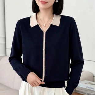 中年妈妈装秋冬新款时尚翻领长袖宽松显瘦减龄撞色条纹针织打底衫