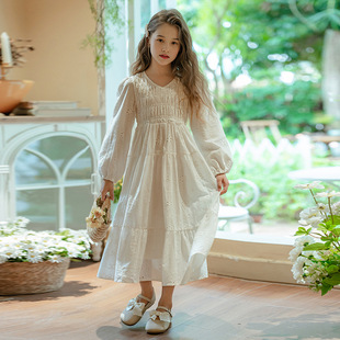 儿童长袖 女童蕾丝花朵刺绣连衣裙春秋新款 全棉公主裙女孩甜美长裙
