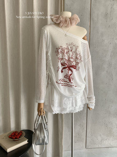 【Y.JIA 伊嘉】ins小众涂鸦斜肩防晒罩衫+高腰蛋糕半裙套装8822