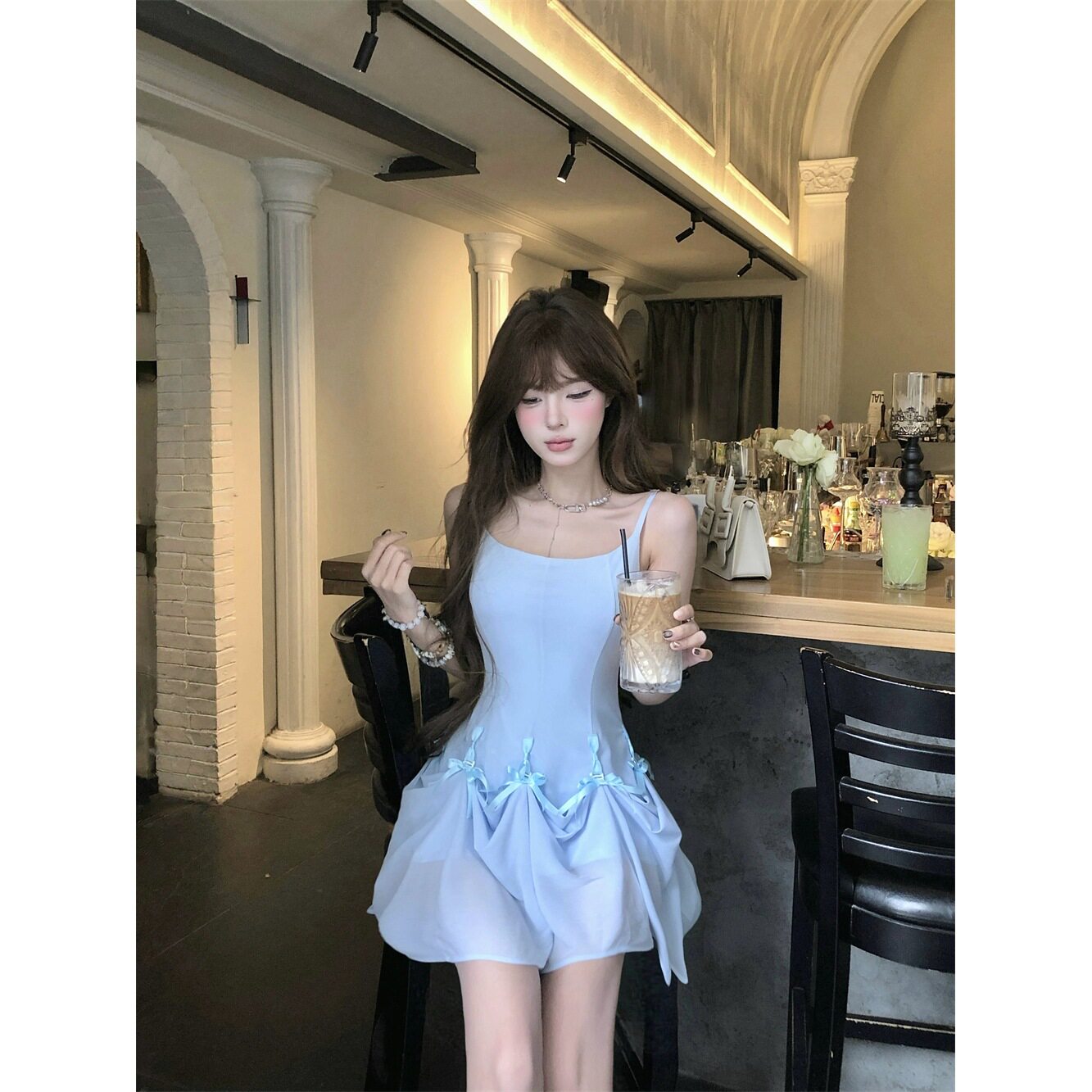 法式甜妹风蝴蝶结吊带连