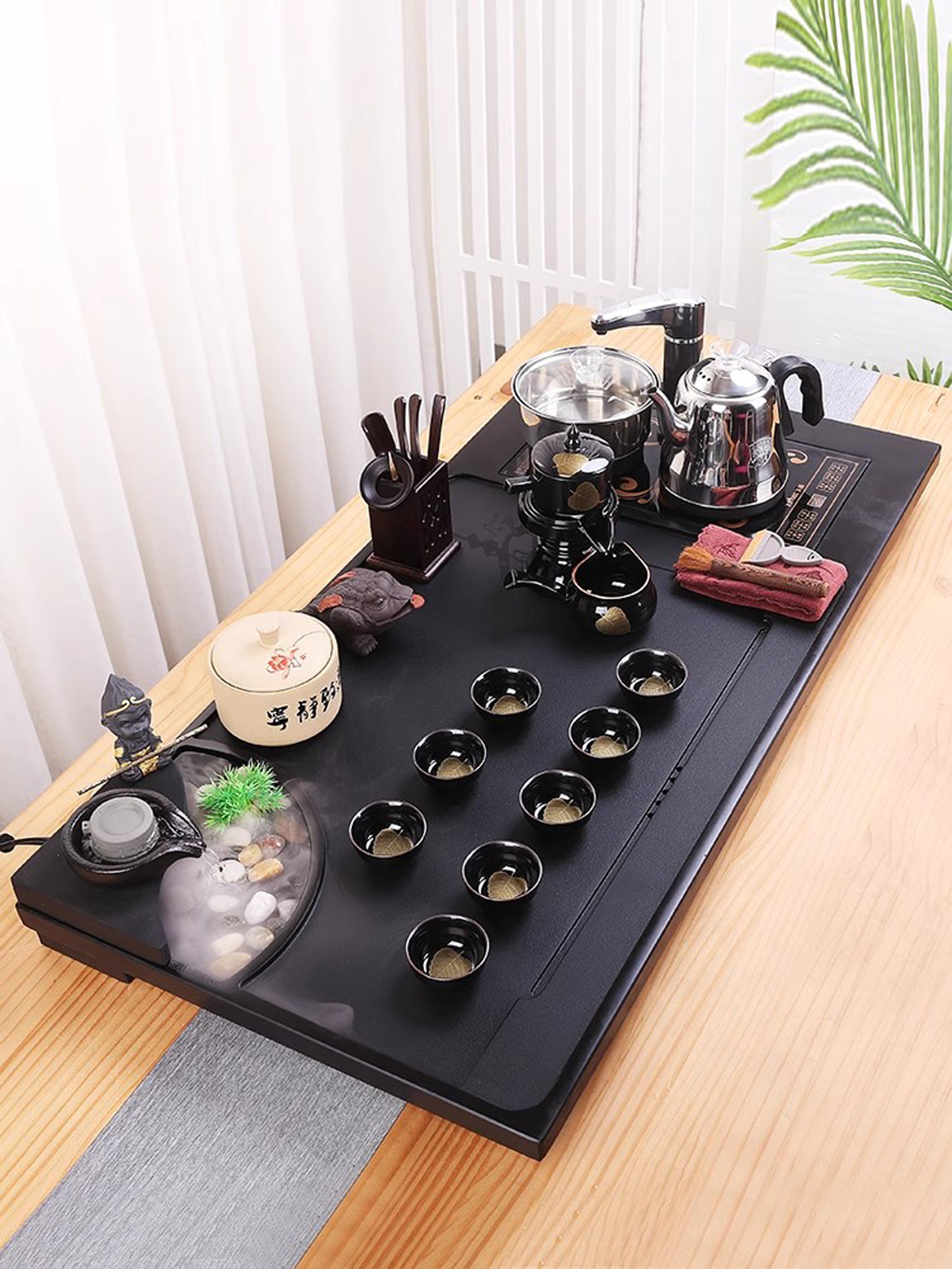 乌金石功夫茶具套装家用全自动一体泡茶台简约流水生财石茶盘茶海