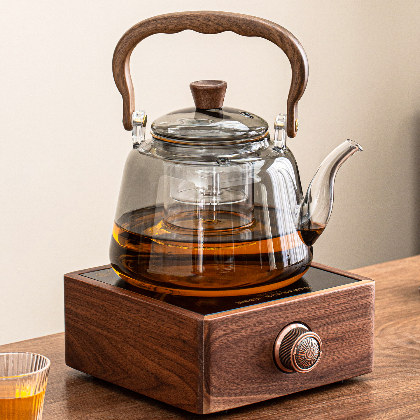 胡桃木电陶炉加厚耐热玻璃煮茶壶
