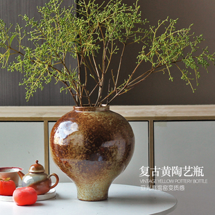 新中式粗陶花瓶复古侘寂风民宿酒店陶瓷摆件居家客厅装饰品老陶罐