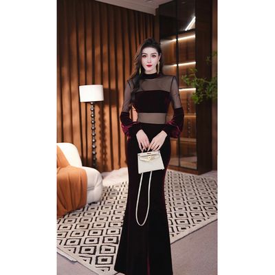 尤克菲儿 轻奢高定丝绒拼接网纱气质优雅高级修身显瘦高腰连衣裙