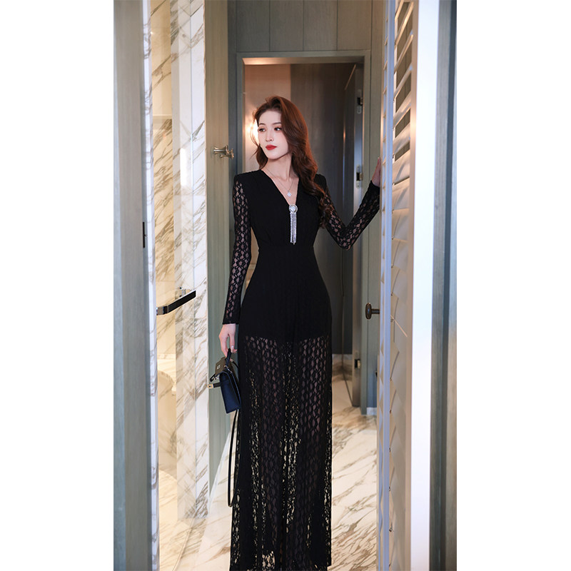 尤克菲儿 原创设计高定轻奢蕾丝镂空收腰修身气质连衣裙