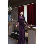 优雅立领连衣裙 原创设计轻奢高定丝绒褶皱裙纯色修身 尤克菲儿