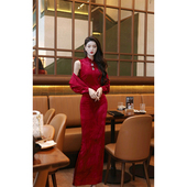 原创设计轻奢印花醋酸印花气质修身 玫瑰情诗 旗袍 尤克菲儿