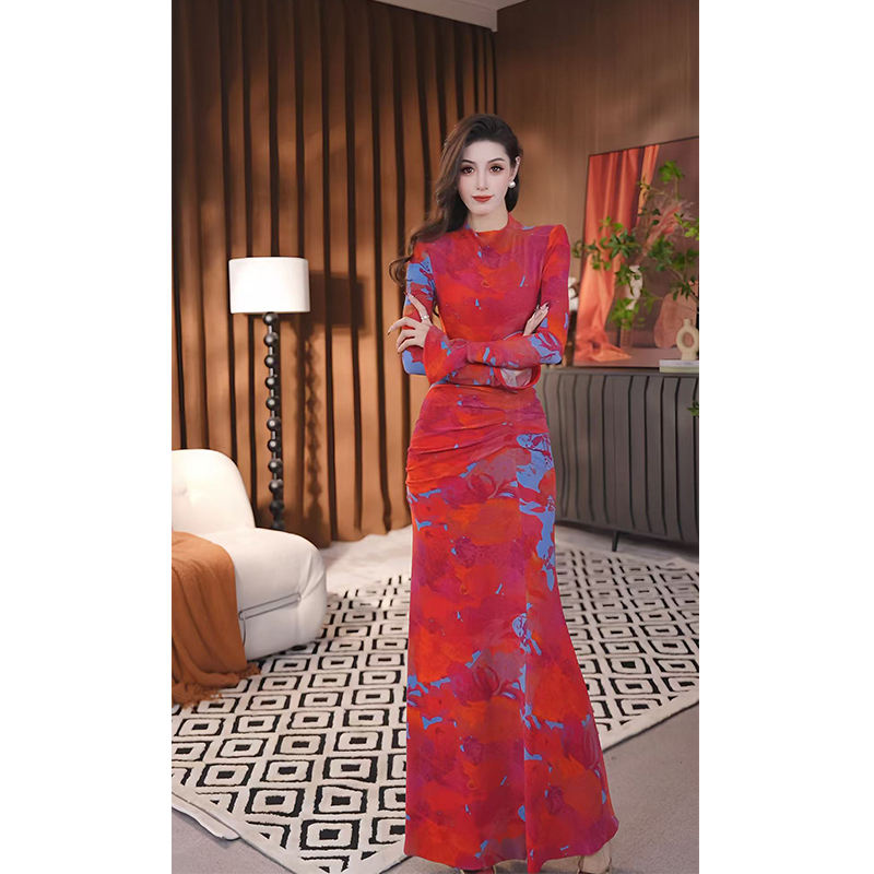 尤克菲儿 原创高定轻奢网布印花优雅秋季长裙气质连衣裙