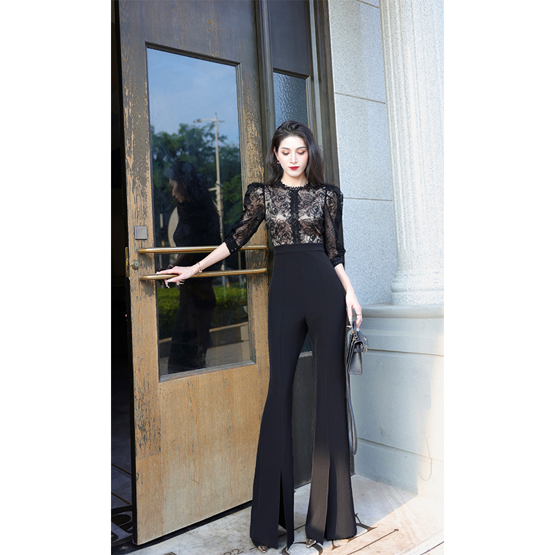 尤克菲儿 原创高定设计蕾丝拼接长裤修身高腰显瘦气质轻奢连体裤