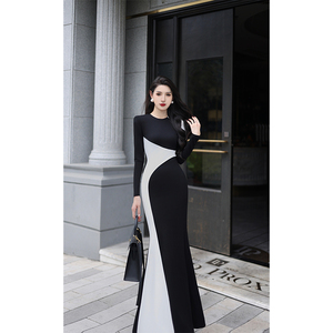 【尤克菲儿】原创轻奢高定意大利罗马纹黑白拼接高贵优雅连衣裙