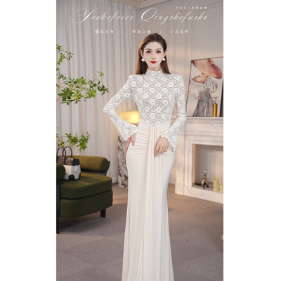 尤克菲儿 原创设计高定轻奢蕾丝拼接水晶麻高领修身鱼尾连衣裙