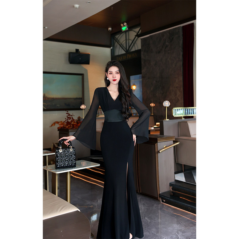 【尤克菲儿】原创设计轻奢名媛水晶麻拼接醋酸显瘦喇叭袖连衣裙