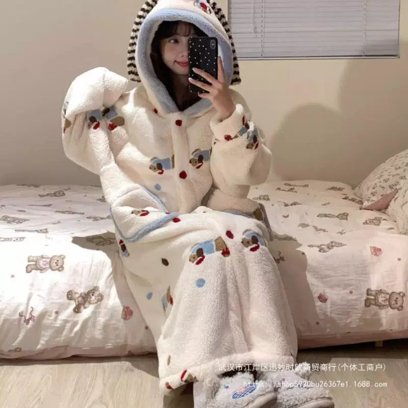 腊肠狗睡衣女珊瑚绒秋冬季毛绒绒睡袍可爱少女家居服套装新款2025