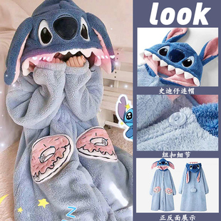 睡衣女冬款史迪仔睡衣情侣两件套装睡袍冬季史迪奇长款女款珊瑚绒