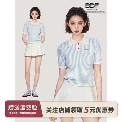 蓝色竖条纹polo衫正肩短袖t恤女夏季短款修身polo领针织半袖上衣