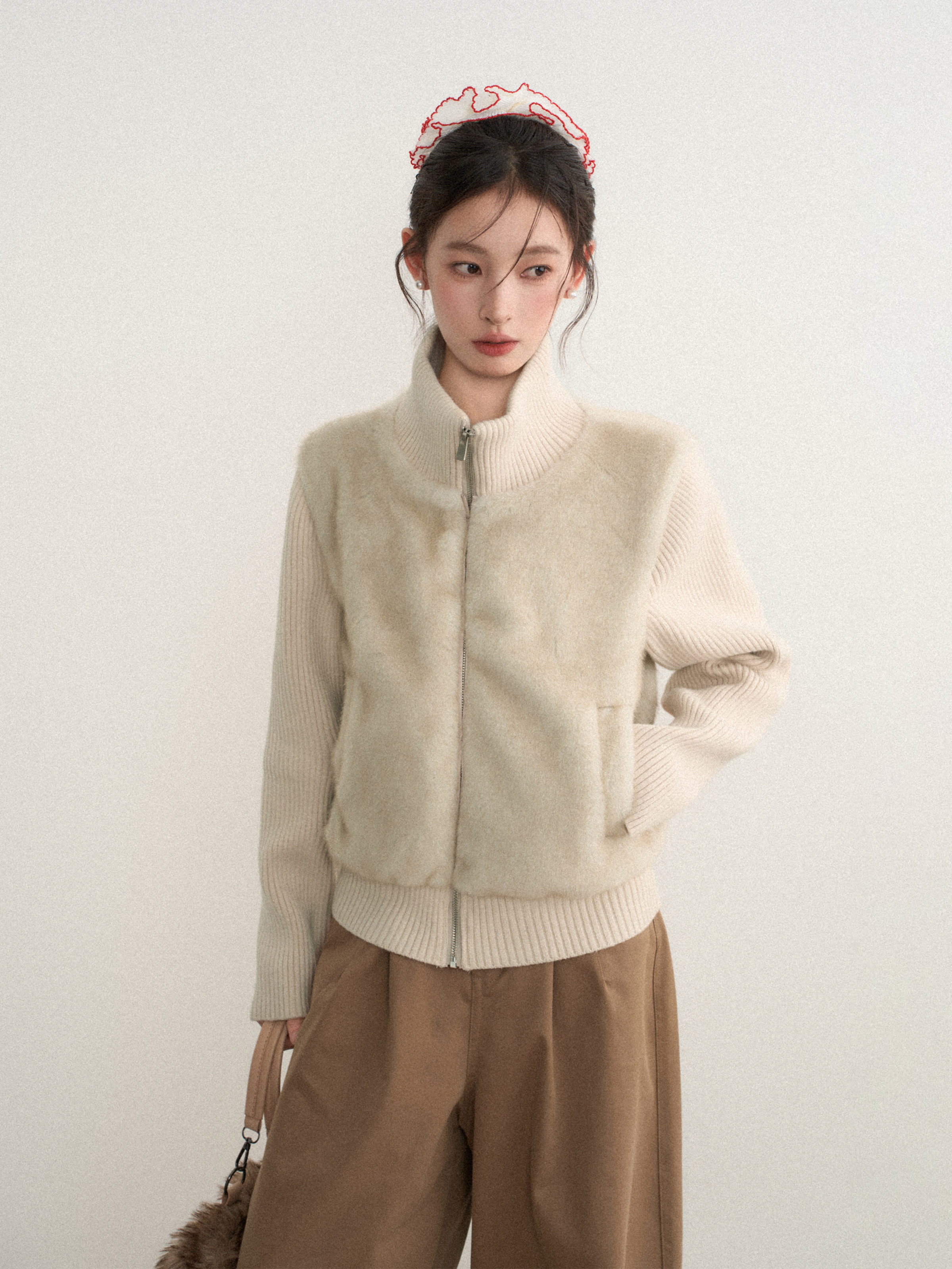 立领假两件拉炼针织毛衣外套女秋冬季加厚毛绒开衫高领水貂毛上衣