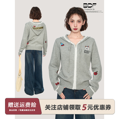 灰色连帽拉链针织毛衣外套女早春秋慵懒短款开衫卫衣2025新款上衣