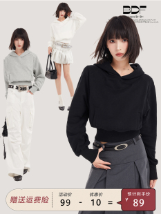 美式黑色连帽套头卫衣女秋冬春秋短款小个子冬季加绒加厚内搭上衣