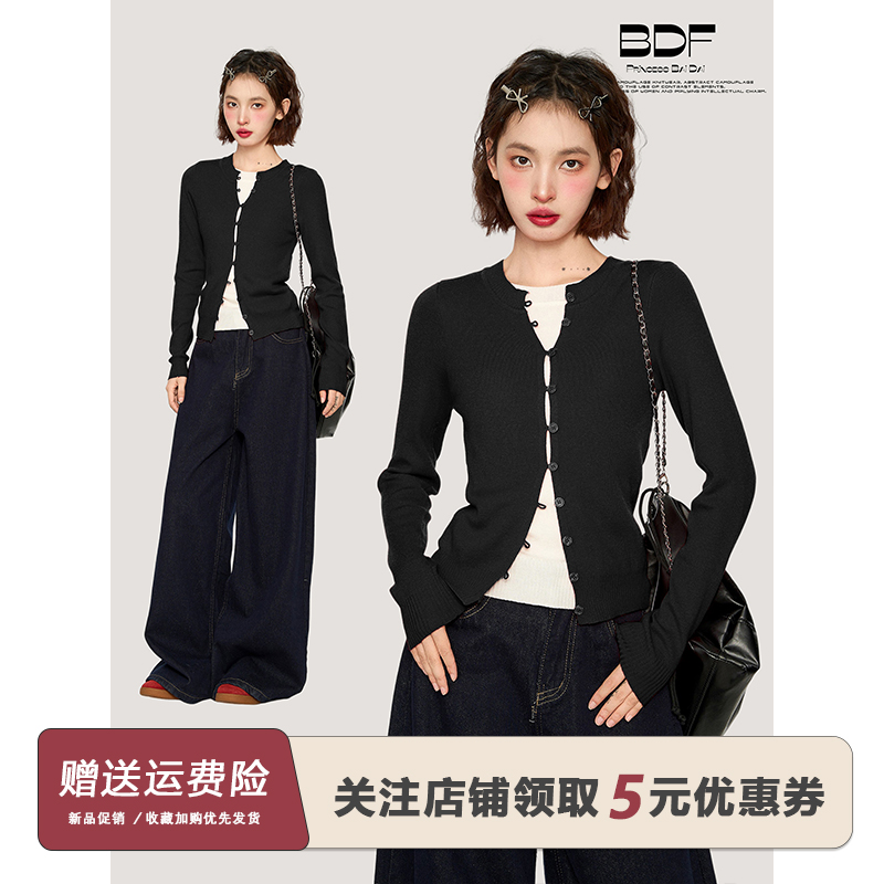 黑色假两件长袖毛衣针织衫女秋冬冬季修身短款内搭打底衫开衫上衣