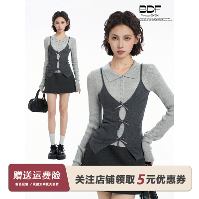 灰色假两件翻领长袖针织衫上衣女秋季修身紧身正肩蝴蝶结吊带t恤