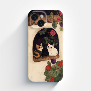 两只可爱 16苹果14pro 11温馨田园文艺少女 小猫咪嬉戏趣味油画艺术适用iPhone15promax手机壳2024新款