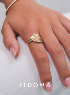 官方授权Fedoma缎面镀金拉丝立体波浪曲线宝石镶嵌交叉高级戒指