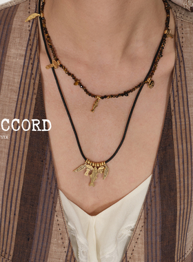 现货DACCORD奇趣雨林多吊坠雕刻复古镀金黑绳项链吴昕豆豆同款