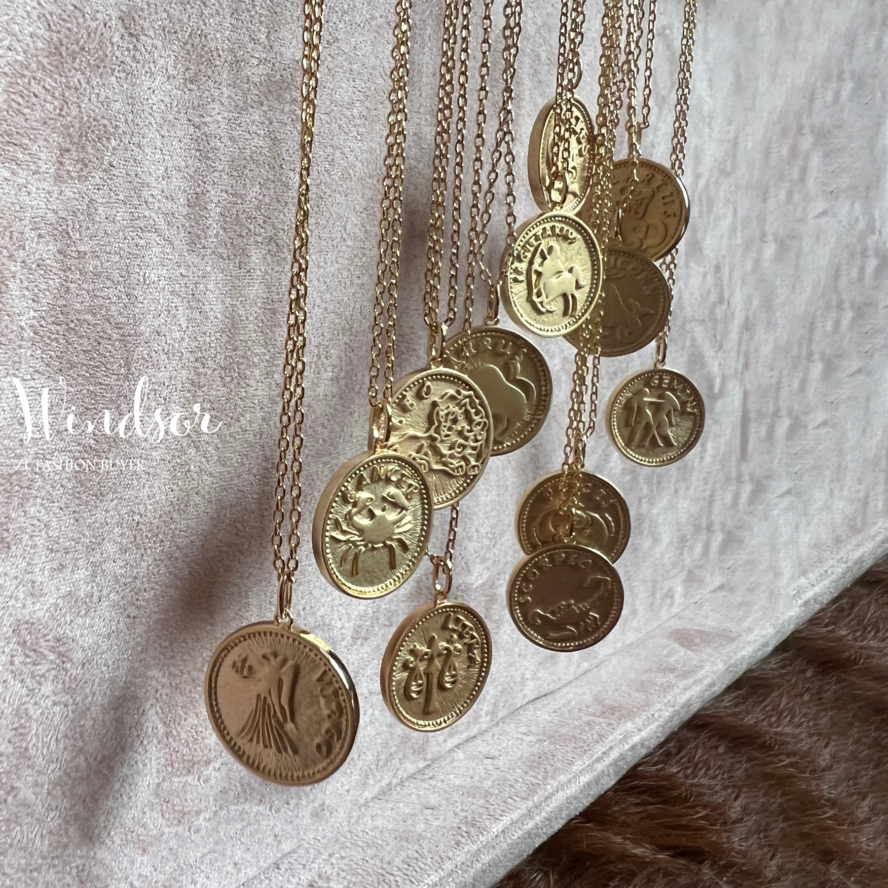 现货LHWindsor温莎十二星座系列雕刻硬币金币叠戴项链生日礼物