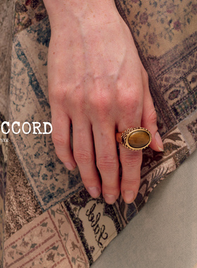 现货26SS新款DACCORD复古虎眼石椭圆做旧感纹理镀金印章戒指叠戴