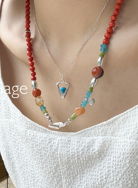 现货Ensage纯银橙色玛瑙琉璃珠橄榄石不规则串珠高级小众项链