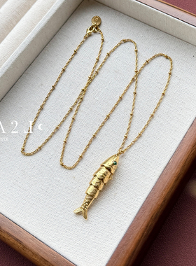 现货LA2L法国立体小鱼纹理雕刻可活动纯手工立体复古项链POUR TOI