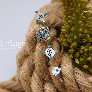 现货Ensage日本纯银绿松石图腾雕刻简约戒指异形高级复古银饰小众