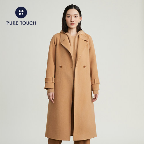 pure touch秋冬女士大衣过膝长款外套宽松双面毛呢羊毛高级感金秋