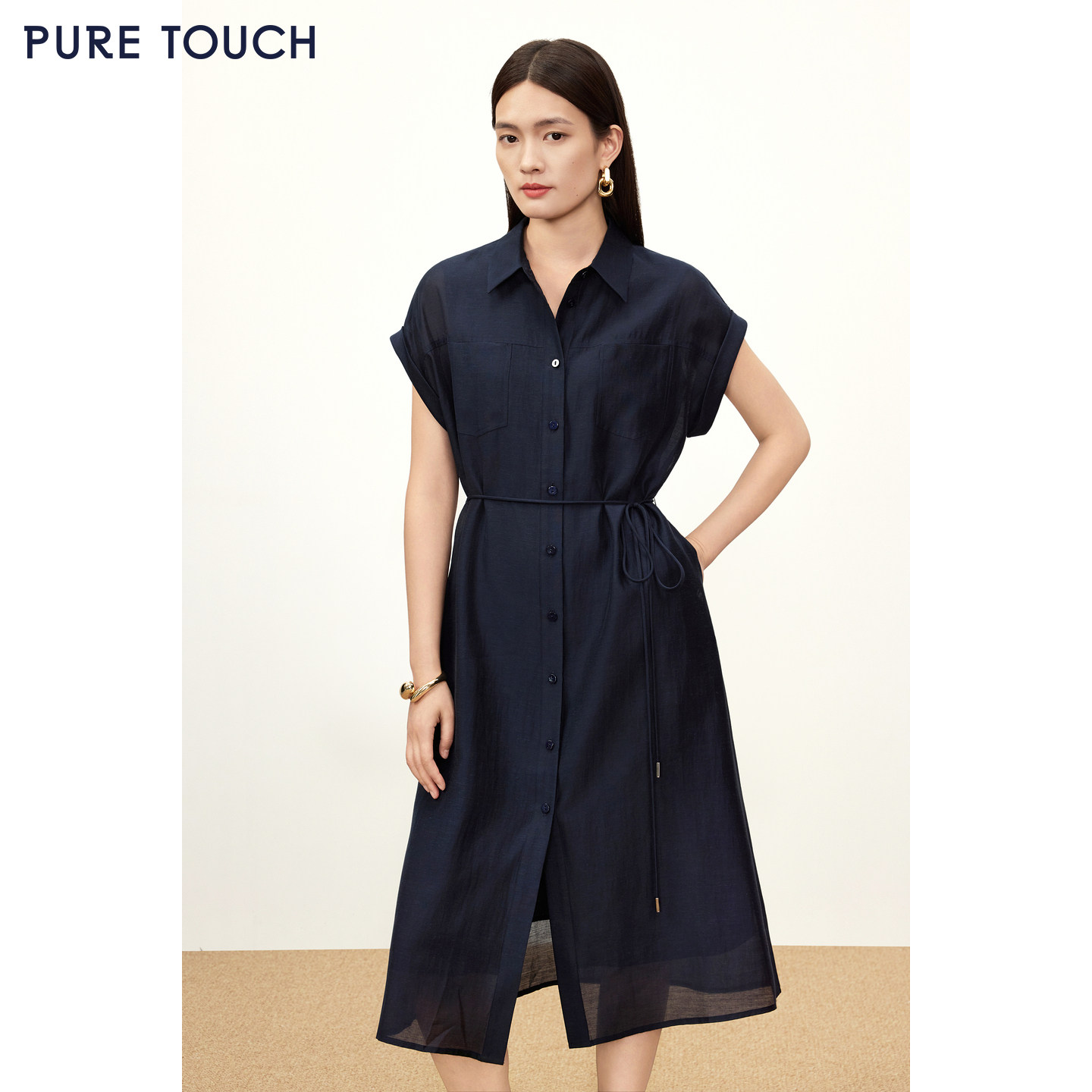 PURE TOUCH 26春夏新款简约衬衫裙莱赛尔中长款收腰及膝连衣裙