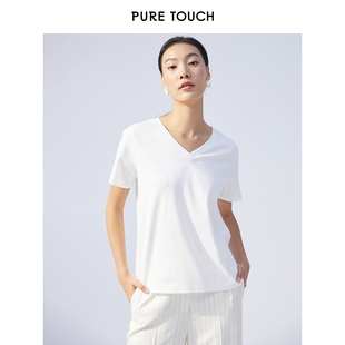 pure touch夏季V领短袖T恤女内搭半袖 百搭直筒基础白T棉麻混纺