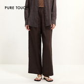 pure 子 百搭休闲舒适阔腿裤 touch女士深棕色亚麻休闲长裤 简约时尚
