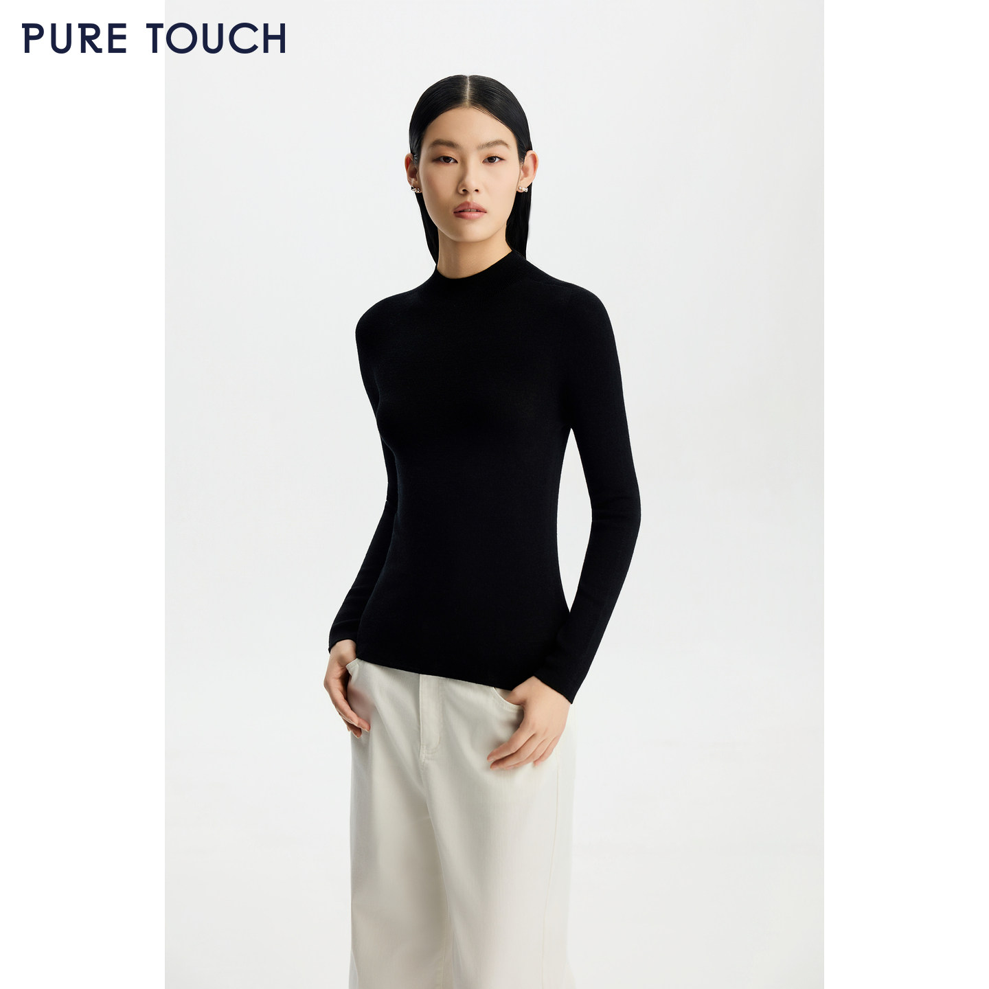PURE TOUCH女装26春夏新款半高圆领打底衫羊毛弹力修身内搭针织衫