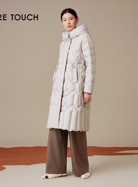 puretouch女士中长款羽绒服白鹅绒保暖米灰色修身百搭冬季外套新