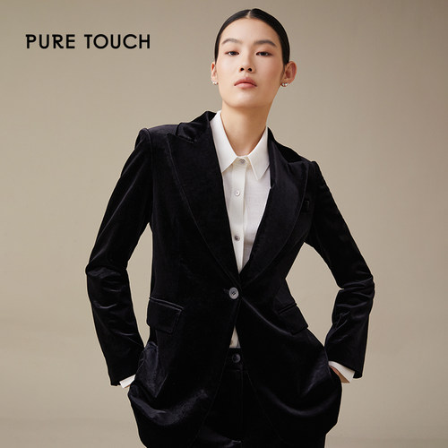 pure touch24年新款女士丝绒高端西服外套通勤时尚显瘦黑色上衣