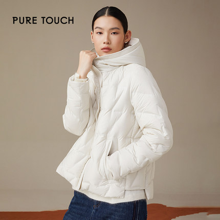 pure touch女士奶白色短款羽绒服时尚百搭显瘦白鸭绒保暖上衣新款