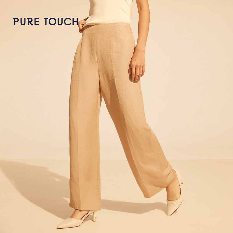 pure touch夏季浅卡其女士阔腿裤休闲裤高腰宽松直筒亚麻薄款裤子